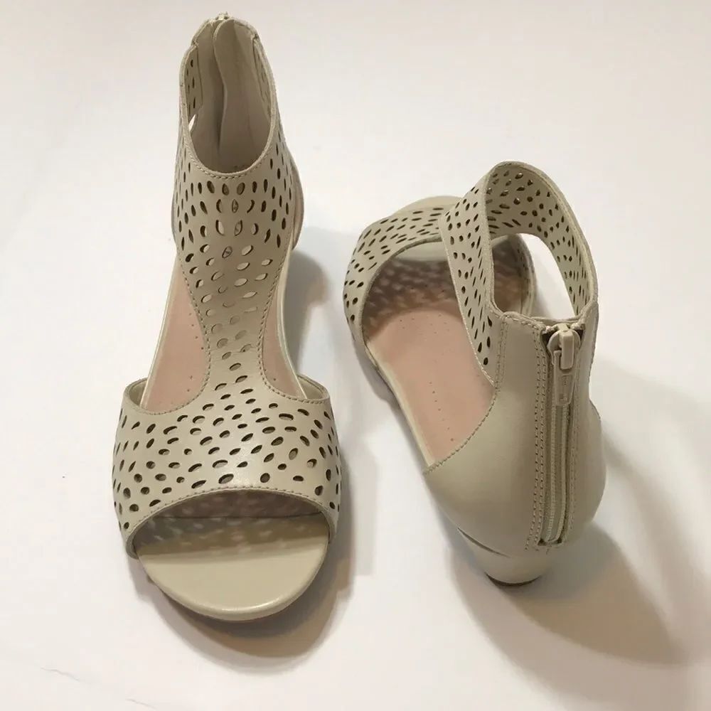 Clarks Abigail Ruby Perforated Leather Wedges Sand